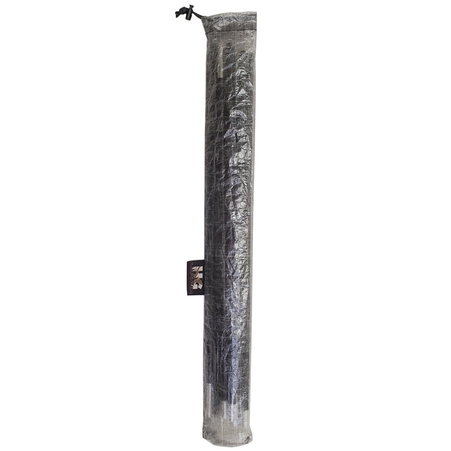 Uncinched translucent gray tarp pole bag filled with camping poles.