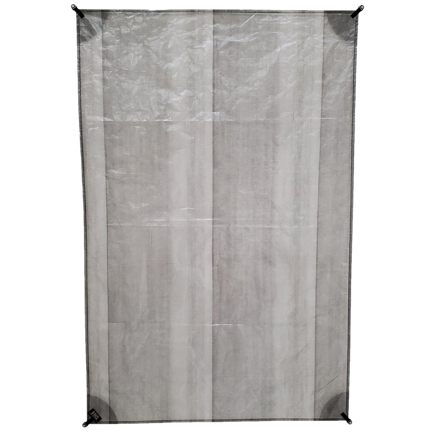 Gray, unfolded Dyneema® ground sheet spread out and viewed from the top.