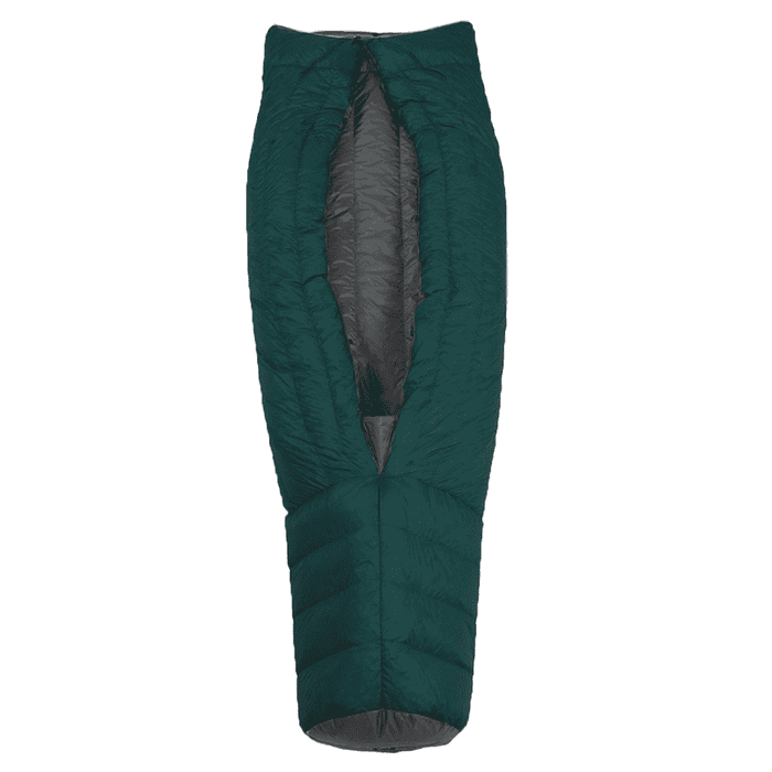bottom view of dark green quilt with grey interior