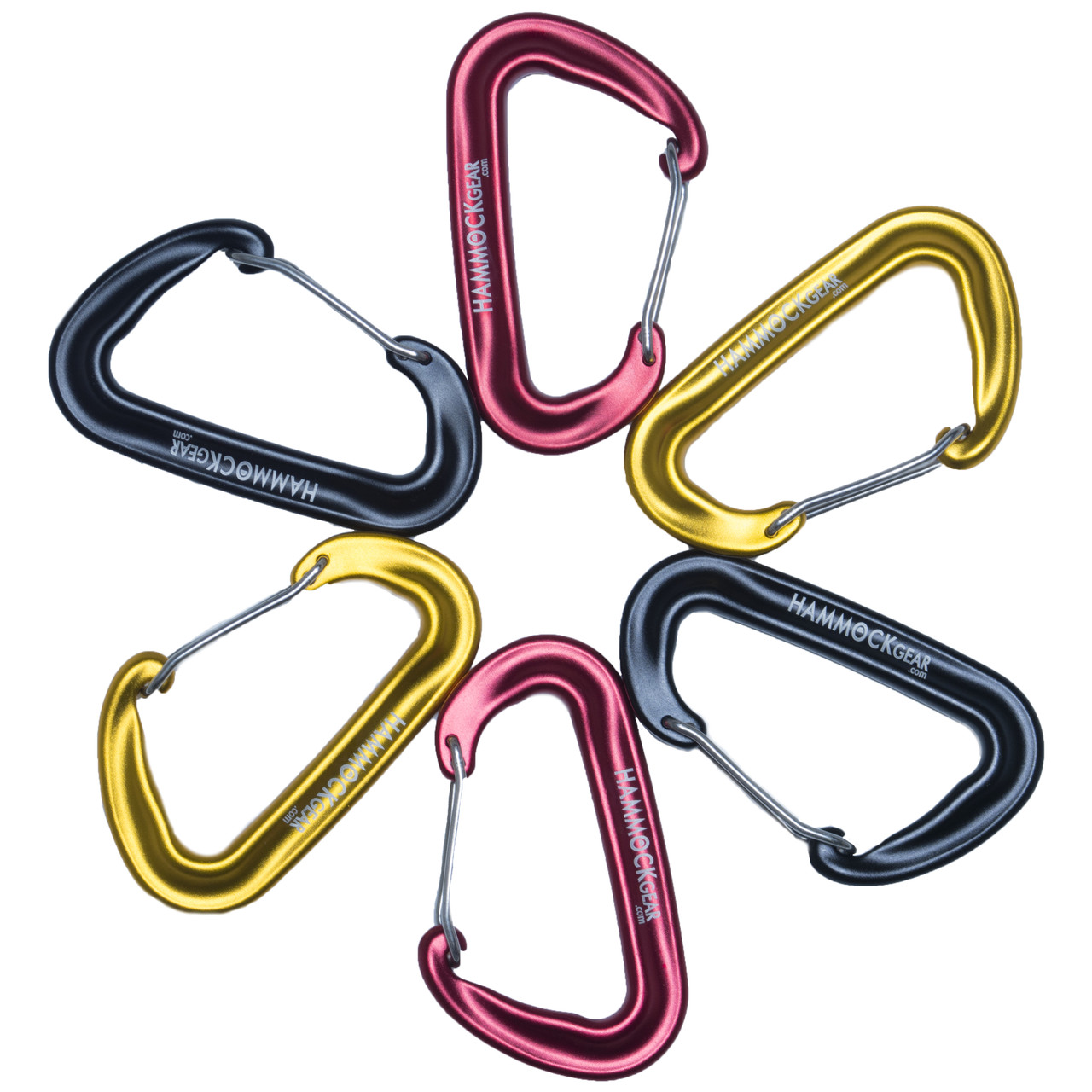 A flat circle of ultralight hammock carabiner in yellow, red, and black colors.