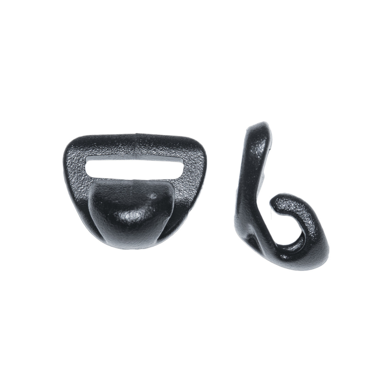 Front and side view of a single black pack hook.