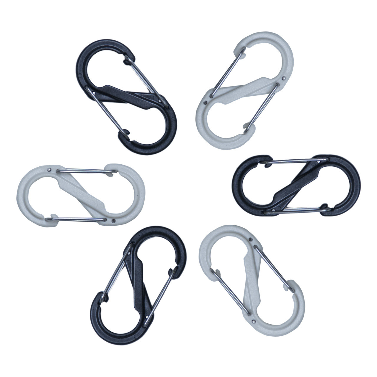 A circle of six S-Carabiner Clips, alternating between colors gray and black.