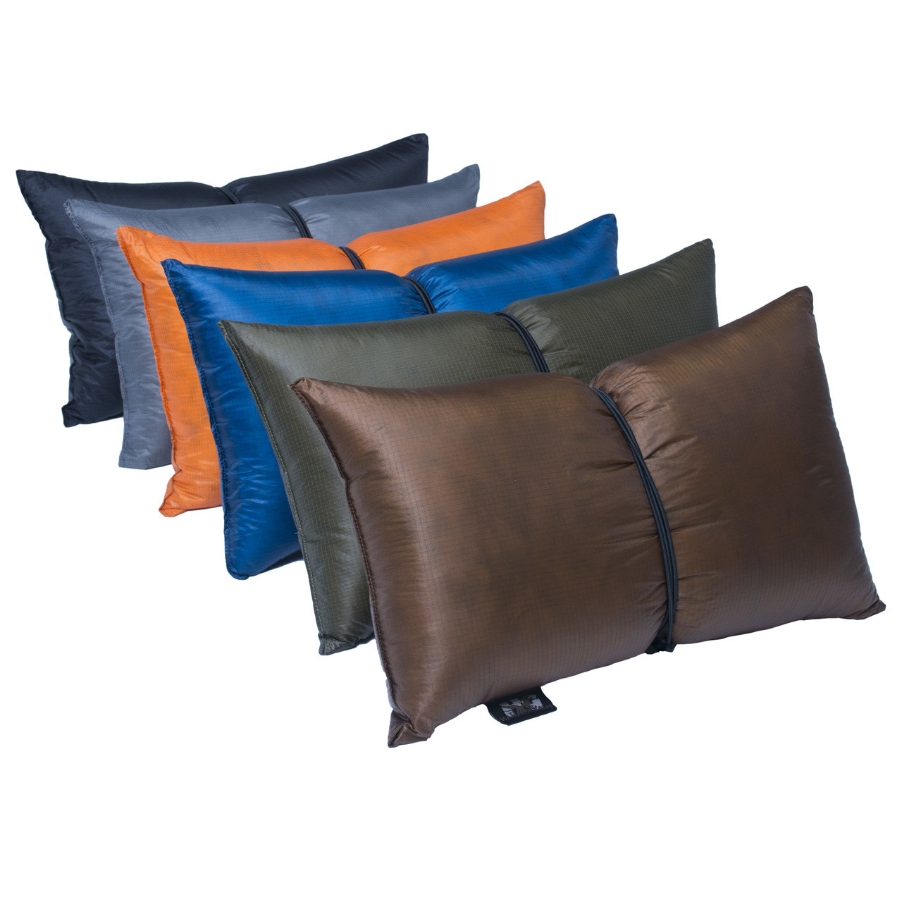 Six pillows for hammock camping placed back to front to show sample colors: black, gray, orange, blue, navy green, and brown.