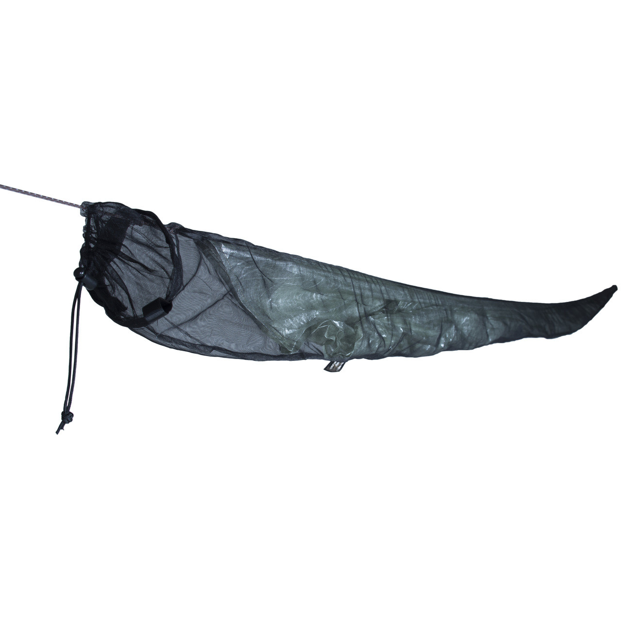 Black mesh sleeve for easy gear storage hung up with a tarp inside.