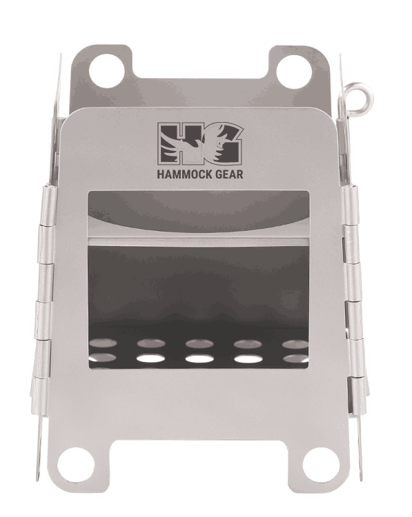 Front view of the closed, unlit titanium wood stove with a clear view of the inside floor plate.