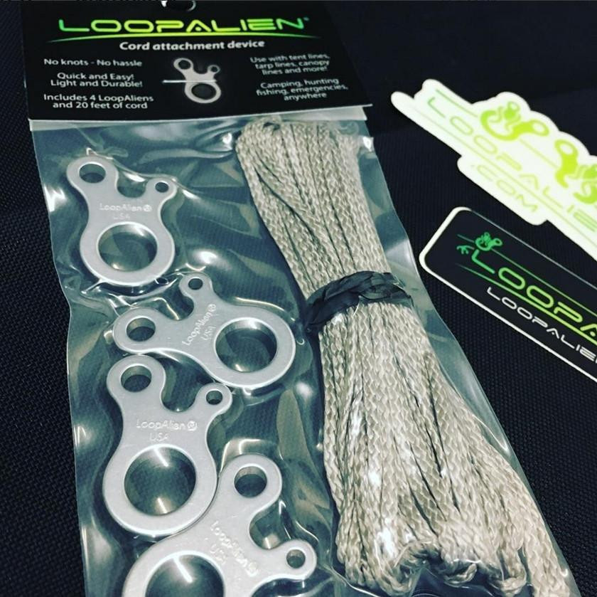 Complete bagged RCA Starter Kit with four enclosed LoopAlien rigging hardware pieces and silver Dyneema cordage.