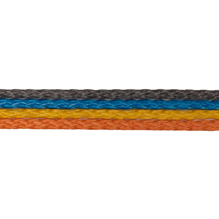 Up close view of the Spectra hammock cord woven material in black, blue, yellow, and orange.