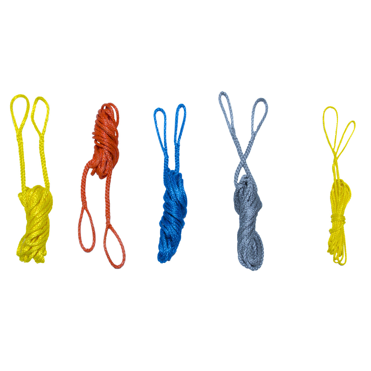 Five separate bunches of hammock ridgeline rope in four colors: two yellow, one orange, one blue, and one gray.