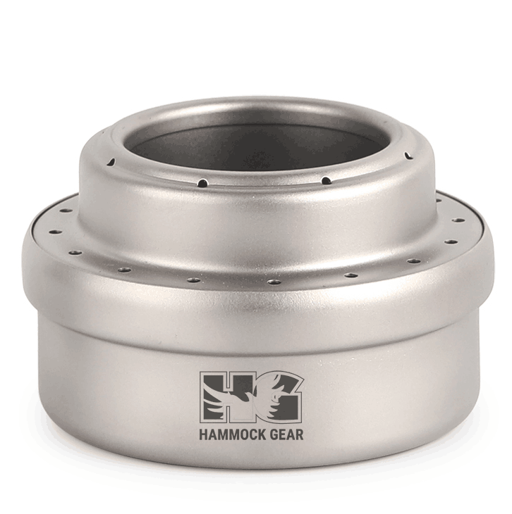 Front view of the Titanium Denatured Alcohol Stove for camping cooking, showing its open top and Hammock Gear logo.