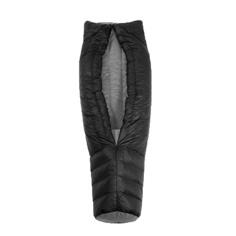 Burrow Ultralight Top Quilt in black opened to show inner gray footbox lining.