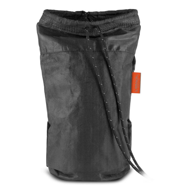 Front view of a black Ursack® AllMitey hanging bear bag standing with a loose drawstring and open top.