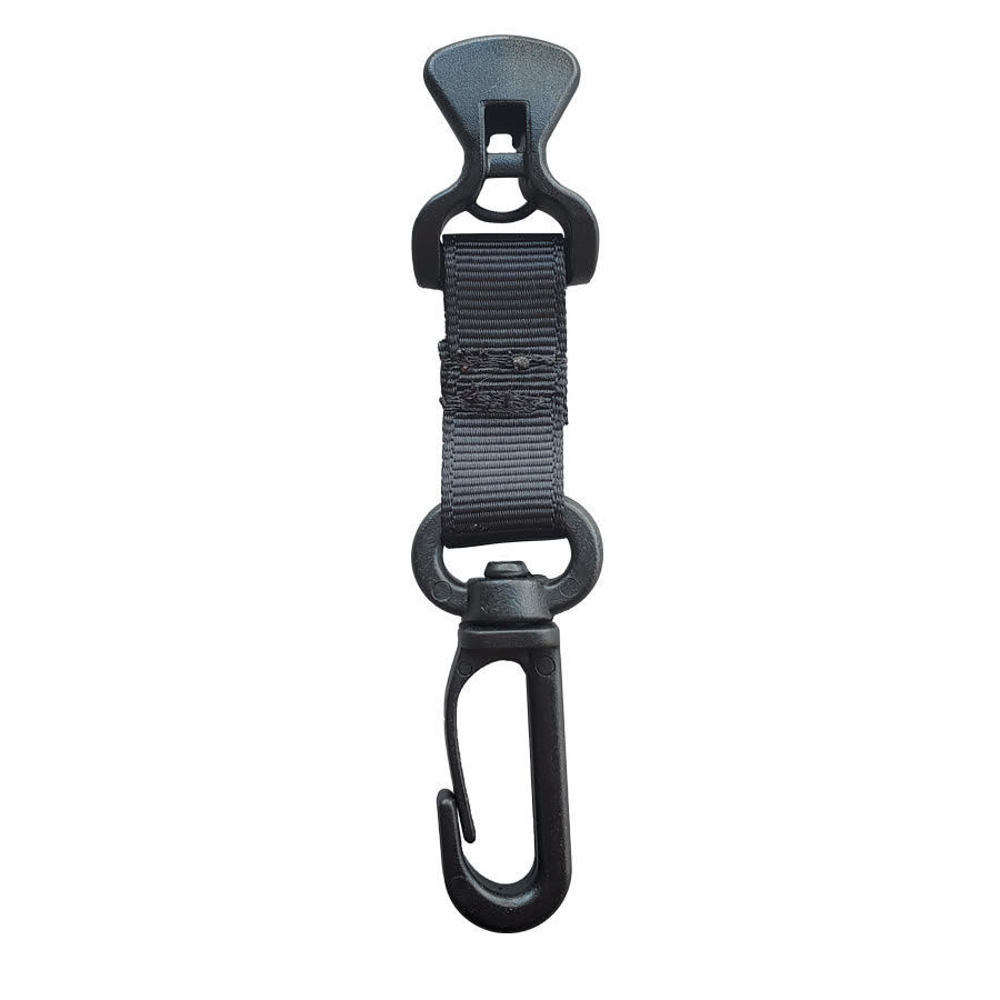 Free-hanging black tarp door clip with plastic hook.