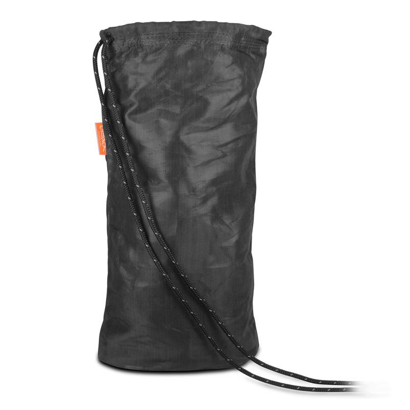 Front, side-angle view of a black, XL Ursack® Major bear bag with loose drawstrings and an open top.